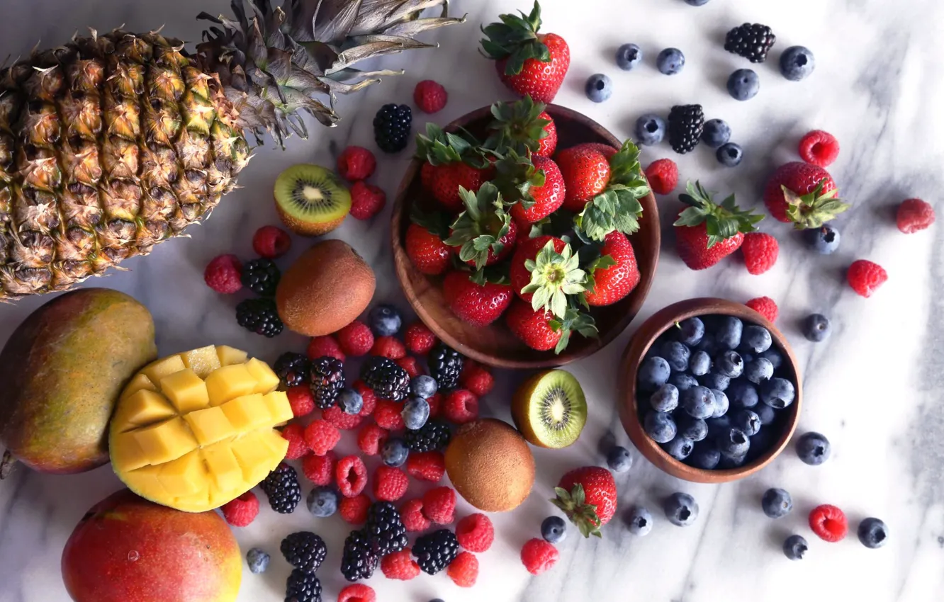 Photo wallpaper kiwi, blueberries, berries, raspberry, mango, pineapple, BlackBerry, strawberry