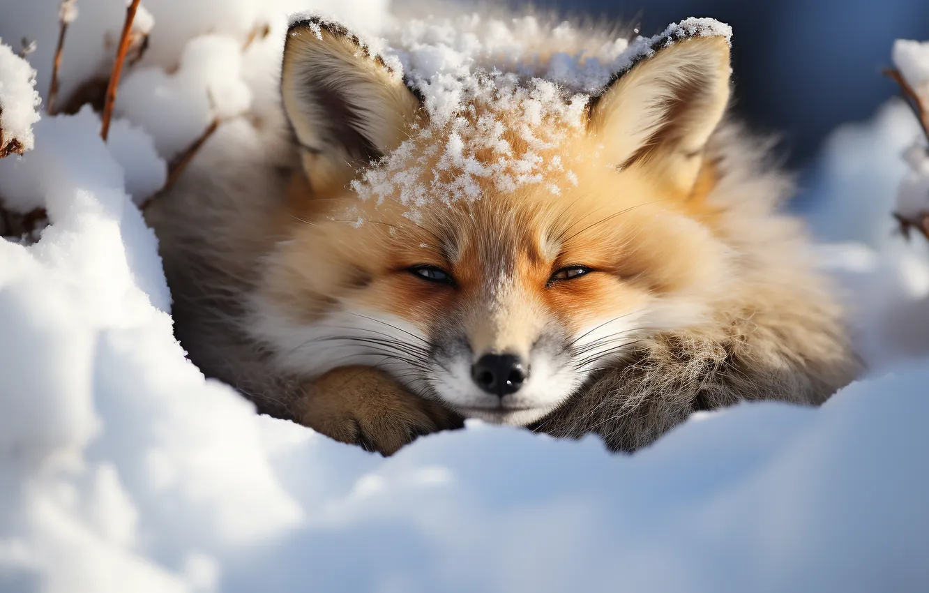 Photo wallpaper winter, look, light, snow, branches, nature, portrait, Fox