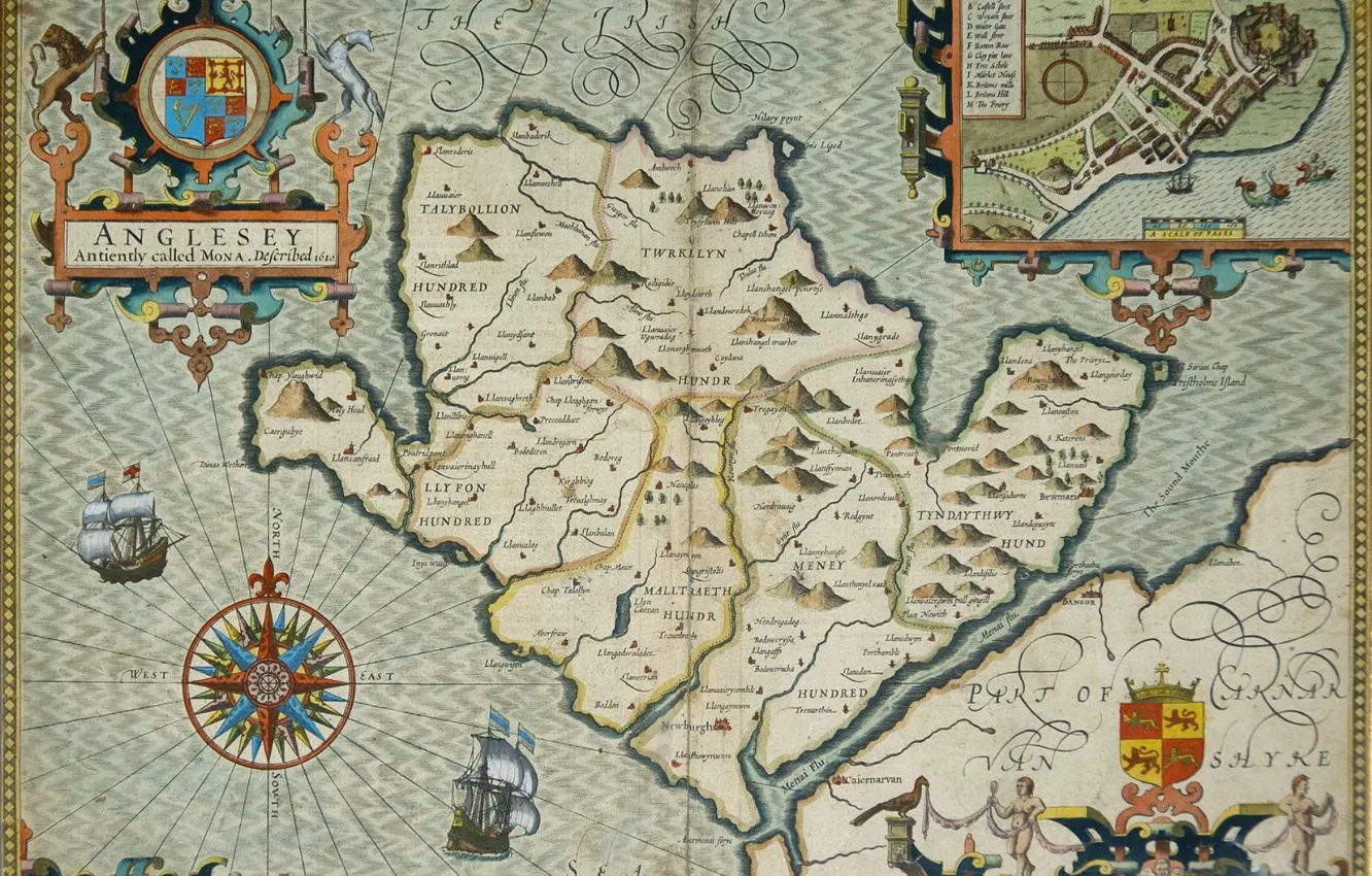 Photo wallpaper sea, island, map, plan, coat of arms, WINDROSE, Anglesey