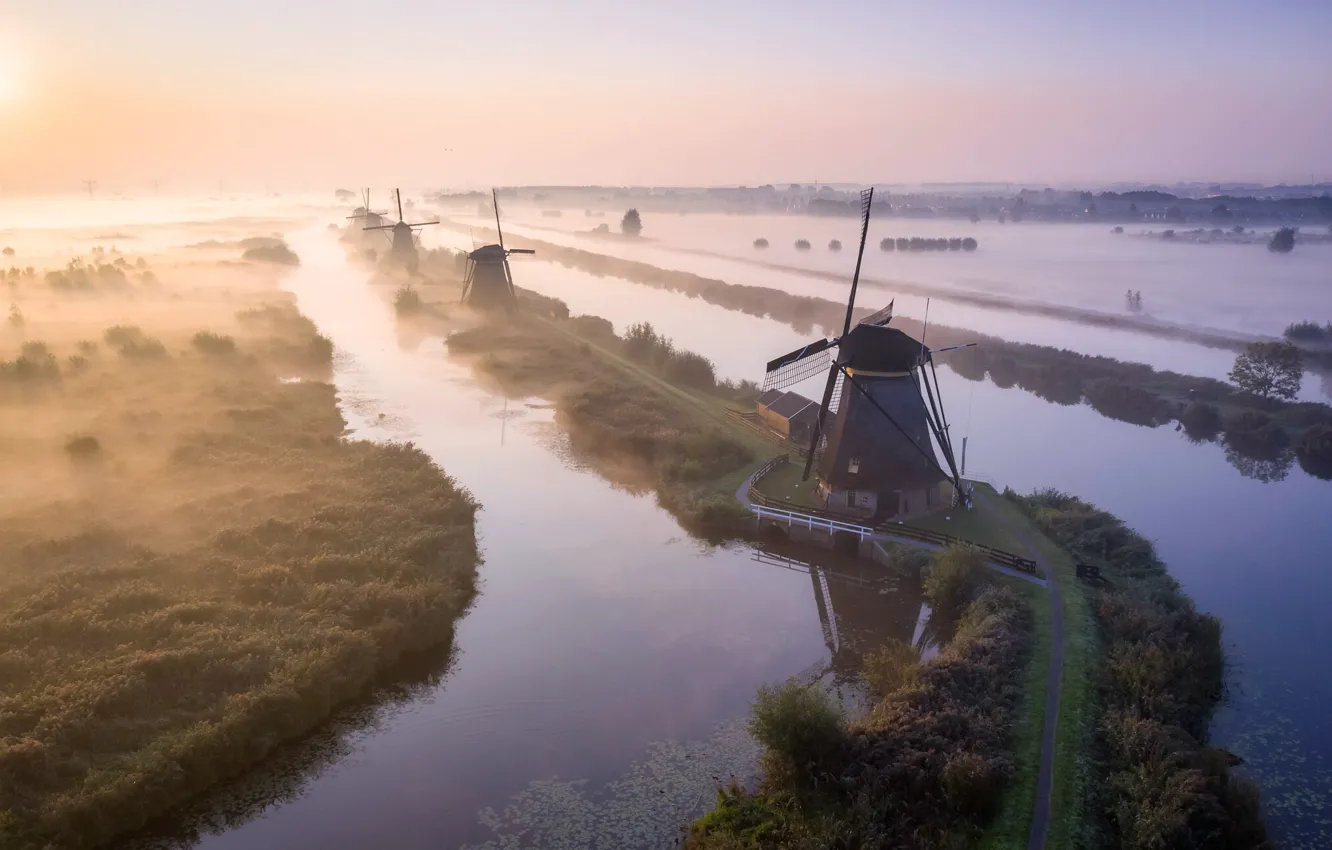 Photo wallpaper fog, windmill, Nederland, Kinderdijk
