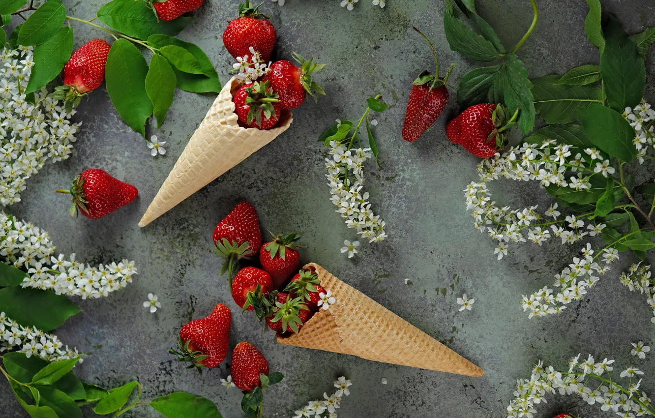 Photo wallpaper flowers, berries, strawberry, horn, dessert, composition, waffle, cherry