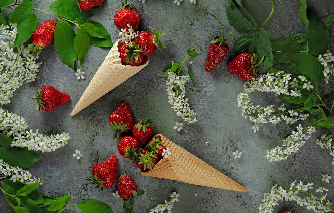 Photo wallpaper flowers, berries, strawberry, horn, dessert, composition, cherry, waffle