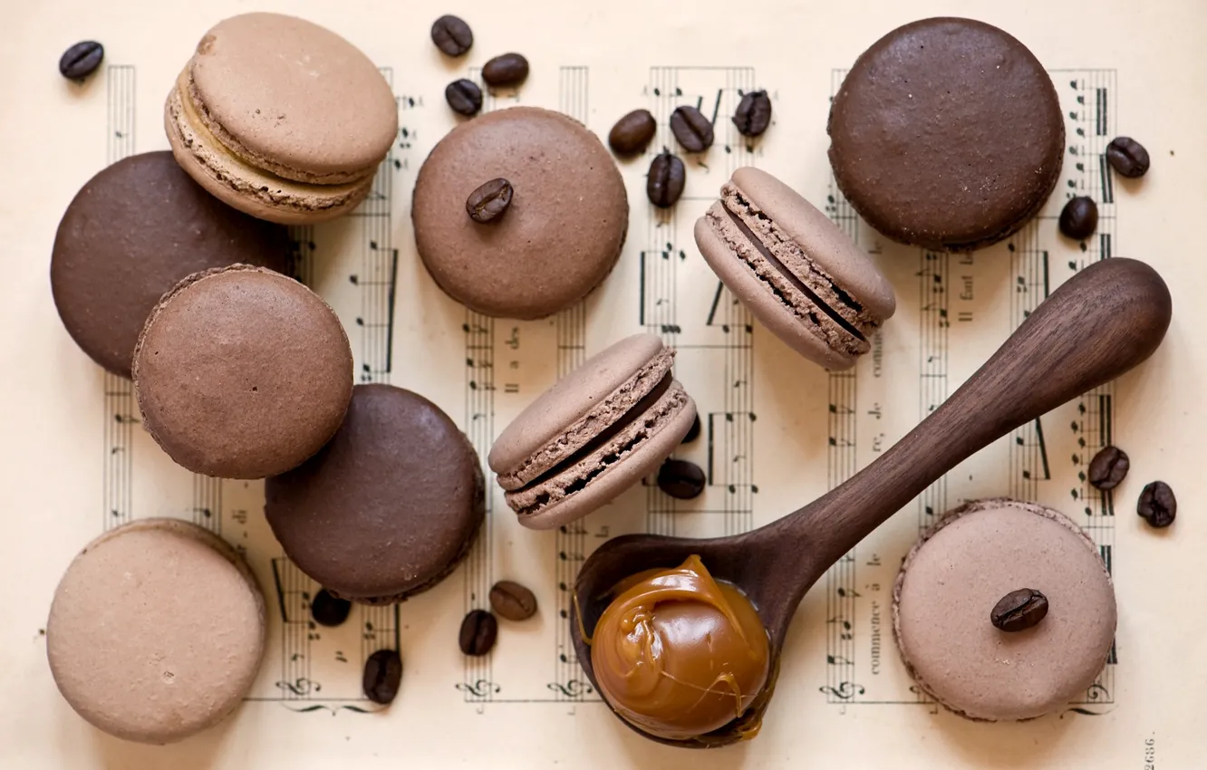Photo wallpaper coffee, grain, cookies, spoon, dessert, caramel, Anna Verdina, macaron