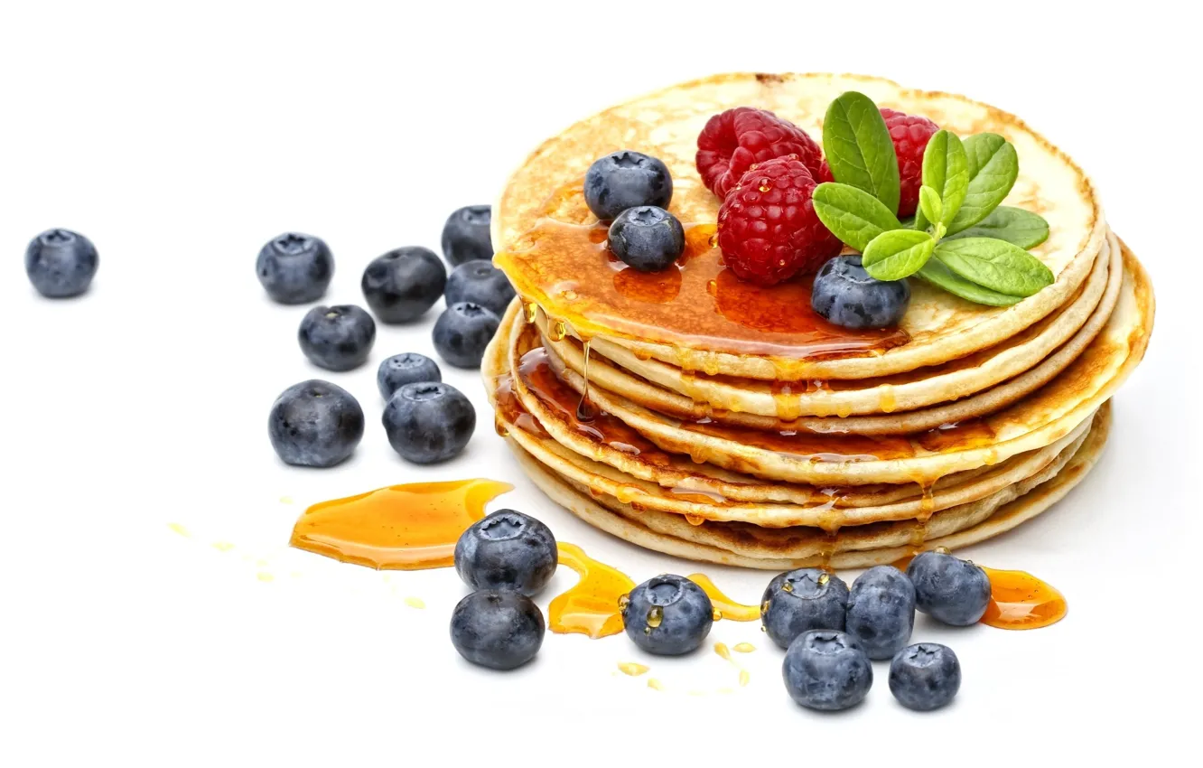 Photo wallpaper berries, raspberry, blueberries, honey, pancakes