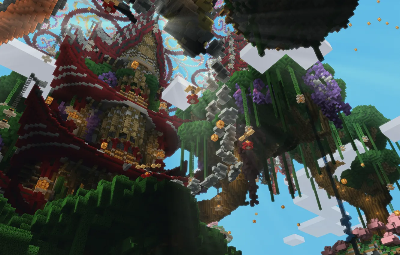 Photo wallpaper the sky, clouds, rays, trees, tower, blocks, minecraft