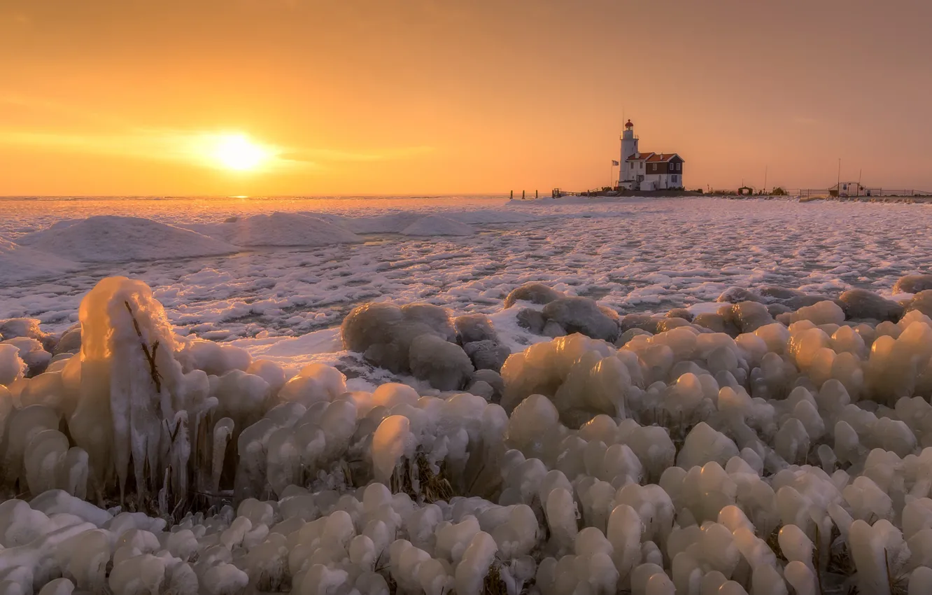 Photo wallpaper sea, sunset, shore, lighthouse, ice