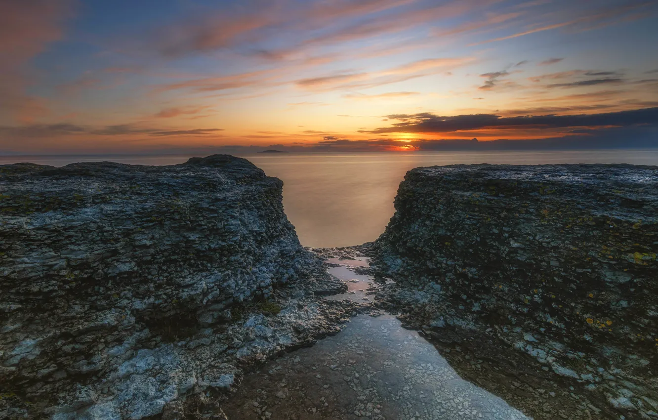 Photo wallpaper sea, sunset, rocks, shore, horizon