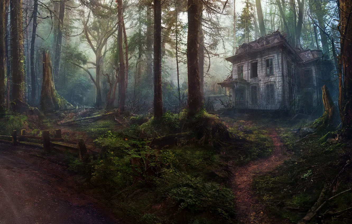 Photo wallpaper Trees, Forest, House, Art, Abandoned house, Concept Art, by Oleg Yolchiev, Forest house