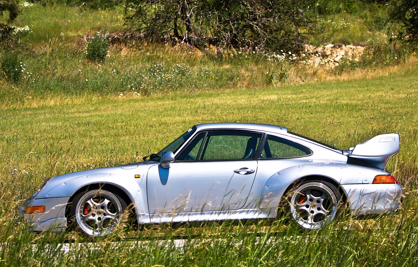 Photo wallpaper GT2, grey, road, trees, grass, tree, grass, Porsche