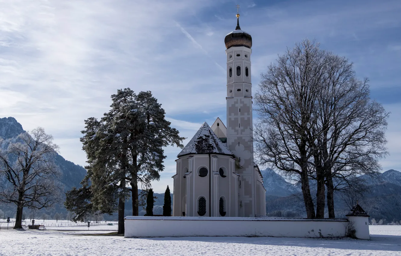 Photo wallpaper winter, trees, mountains, Germany, Bayern, Alps, Church, Germany