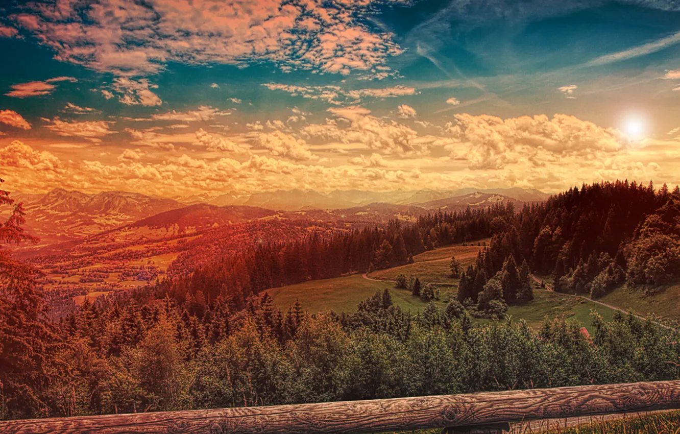 Photo wallpaper the sun, clouds, trees, beauty, fence, valley, space, trees
