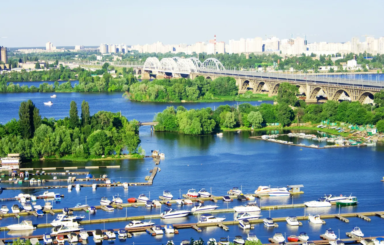 Photo wallpaper trees, bridge, the city, river, photo, pier, pierce, Ukraine