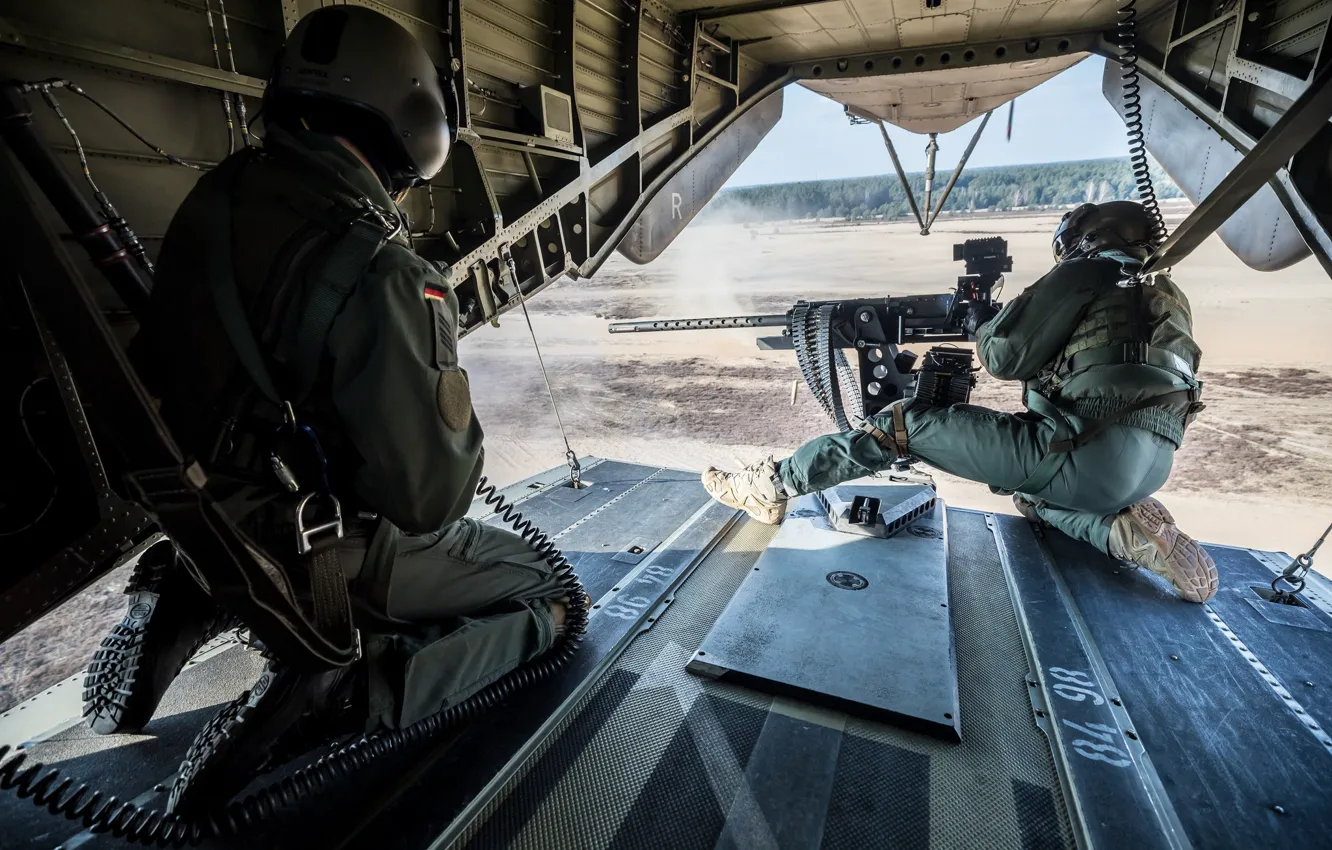 Photo wallpaper army, shooting, helicopter, machine gun