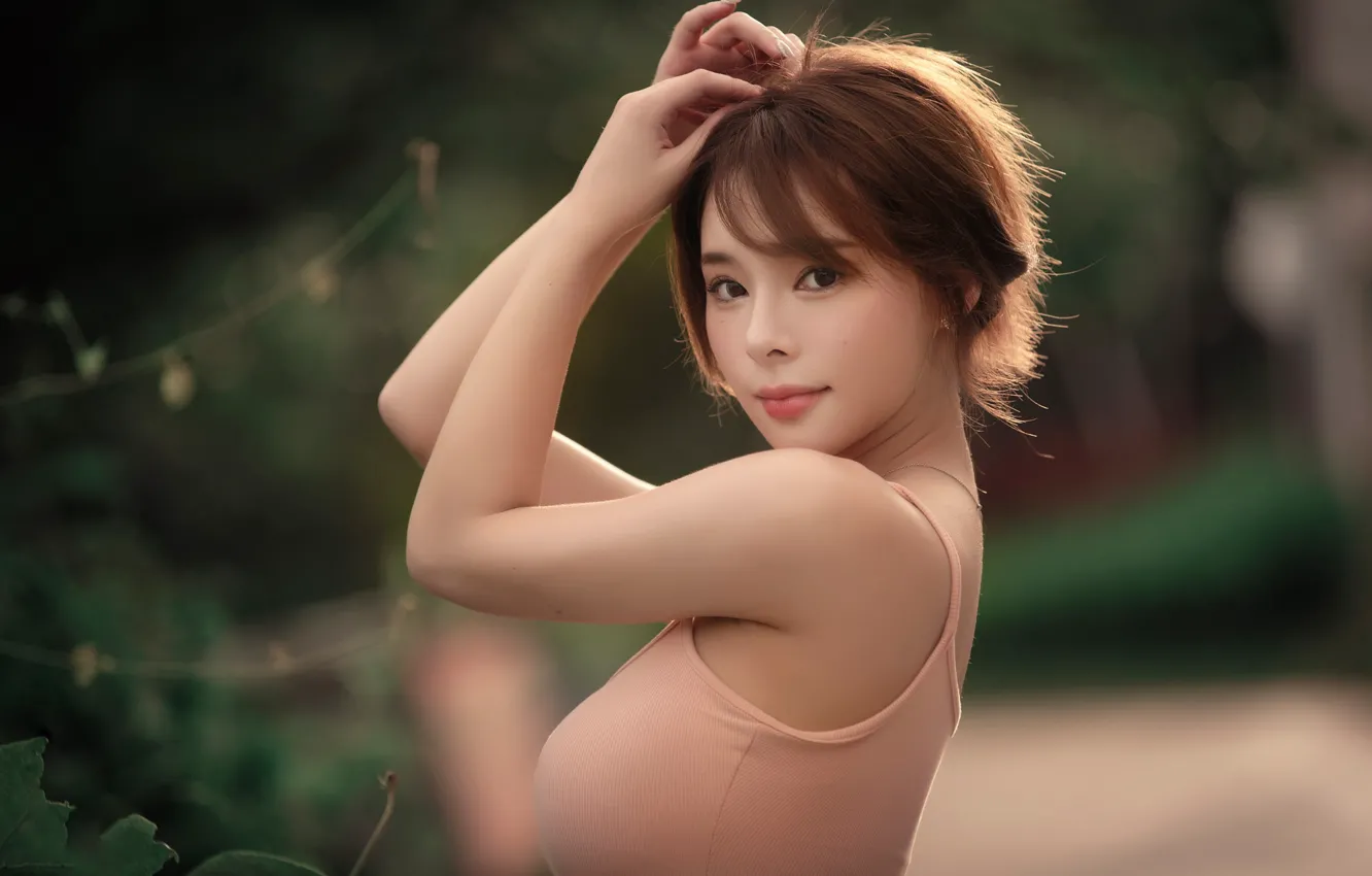 Photo wallpaper look, model, portrait, hands, makeup, dress, hairstyle, brown hair