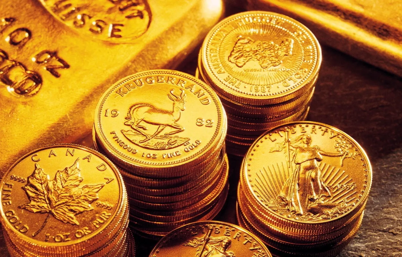 Photo wallpaper gold, coins, bars
