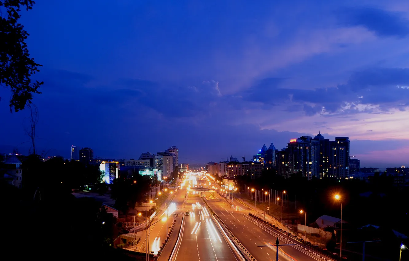 Photo wallpaper road, night, lights, excerpt, Almaty