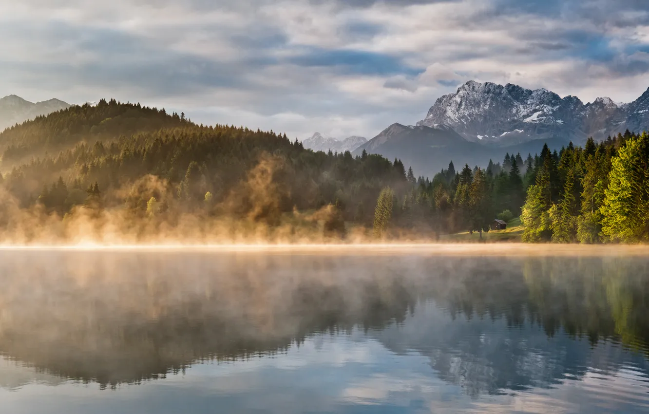 Photo wallpaper forest, the sky, water, trees, landscape, mountains, nature, lake