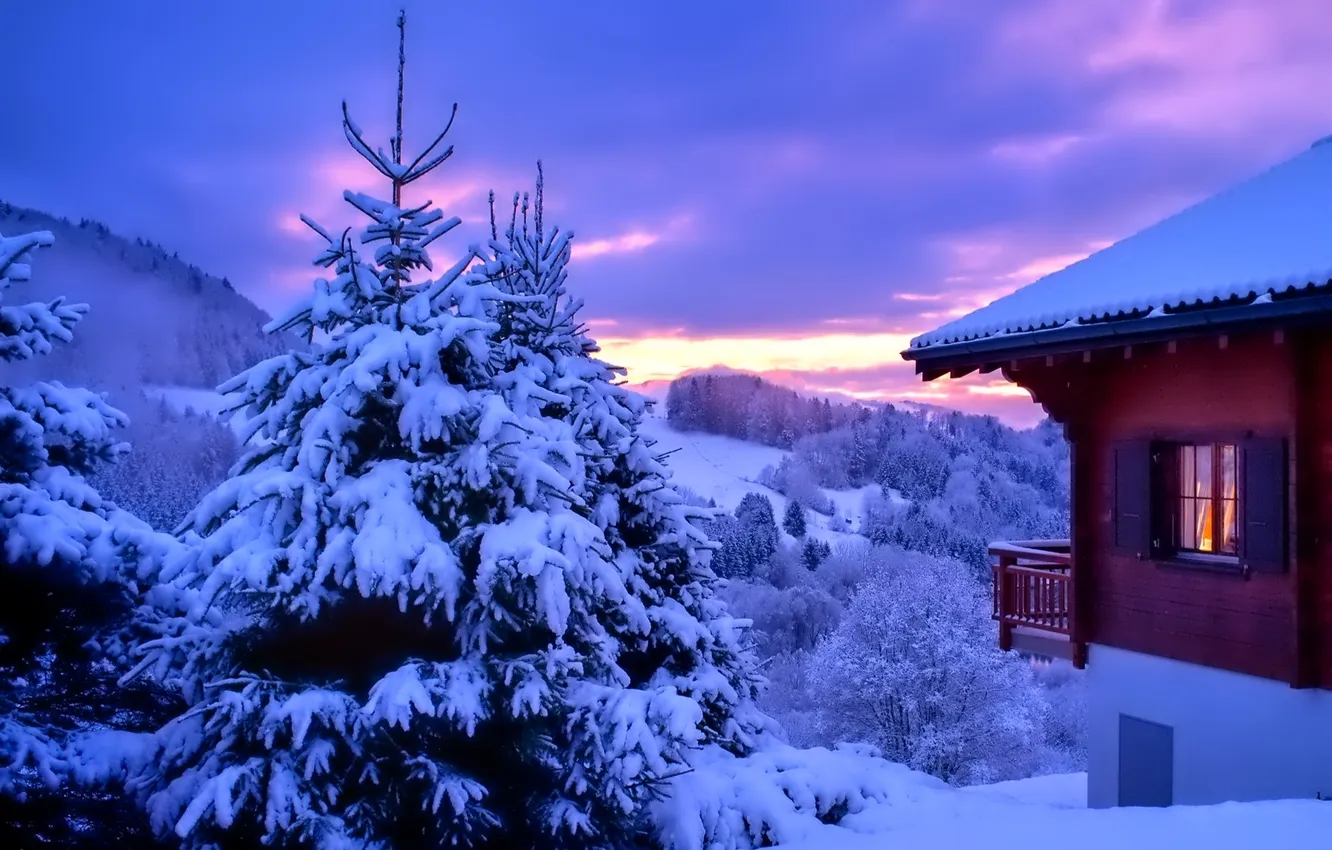 Photo wallpaper light, snow, trees, house, hills, Winter