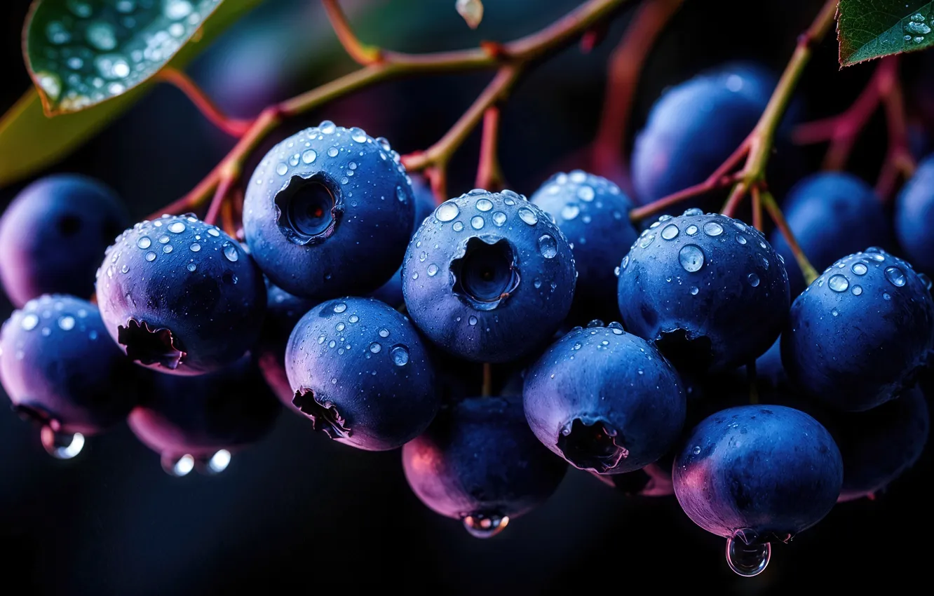 Photo wallpaper dark, water, background, drops, berries