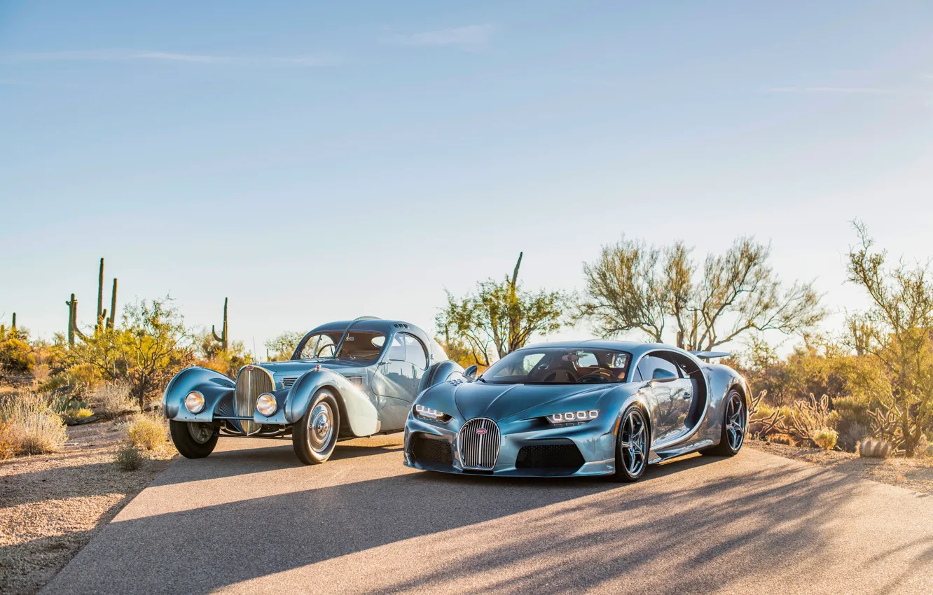 Photo wallpaper Bugatti, sky, cars, desert, Chiron, Bugatti Type 57SC Atlantic, Type 57, Bugatti Chiron Super Sport …