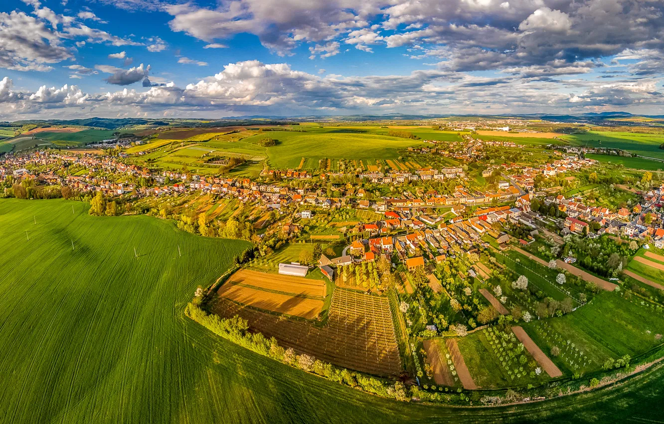 Photo wallpaper field, the sky, the sun, clouds, trees, home, Czech Republic, panorama