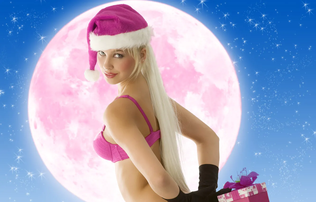 Photo wallpaper girl, smile, holiday, sweetheart, the moon, body, back, new year