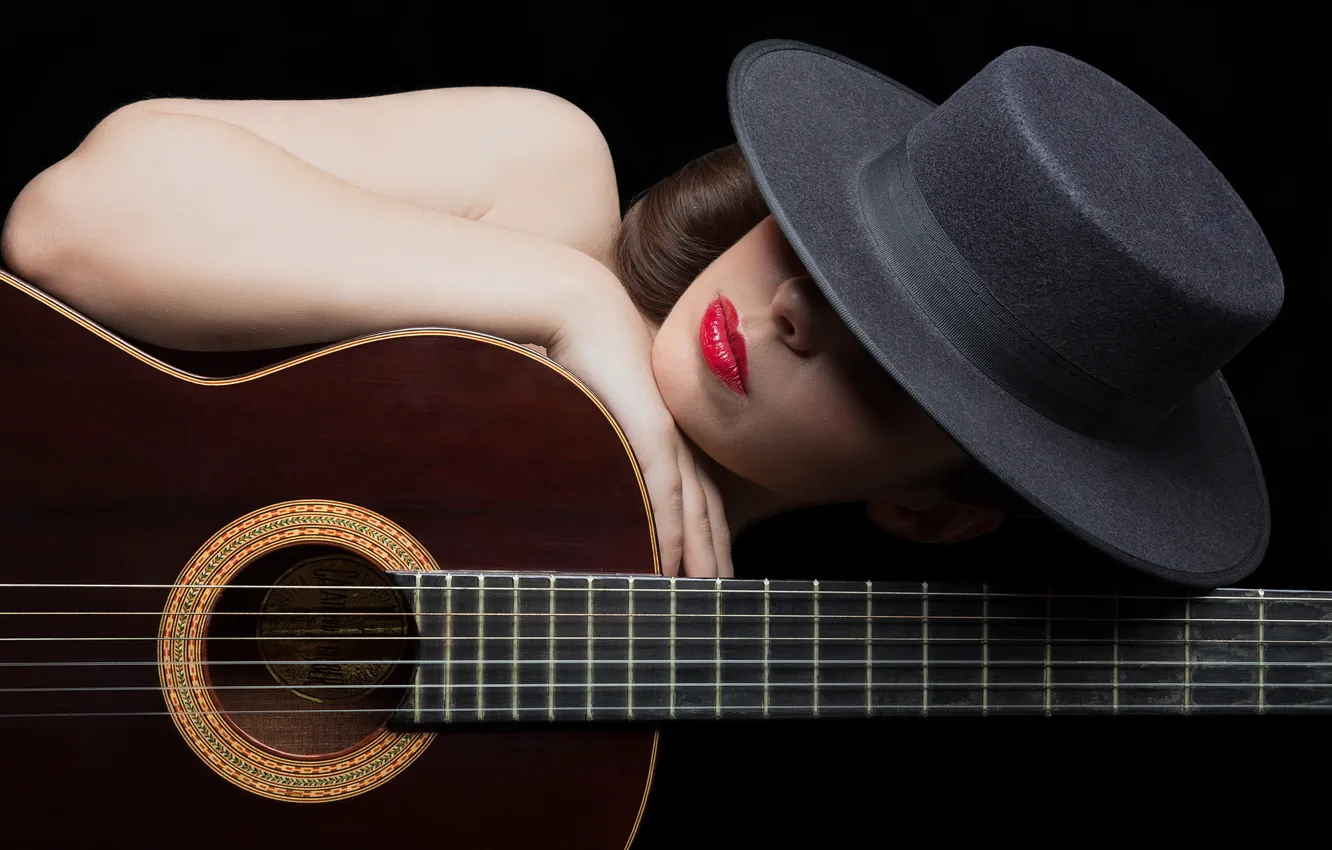 Photo wallpaper girl, guitar, hat