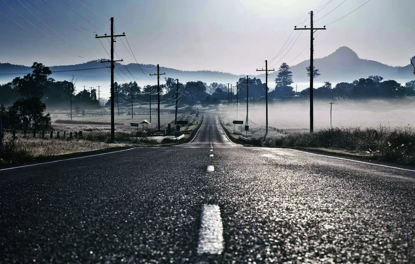 Photo wallpaper road, fog, markup, posts, wire