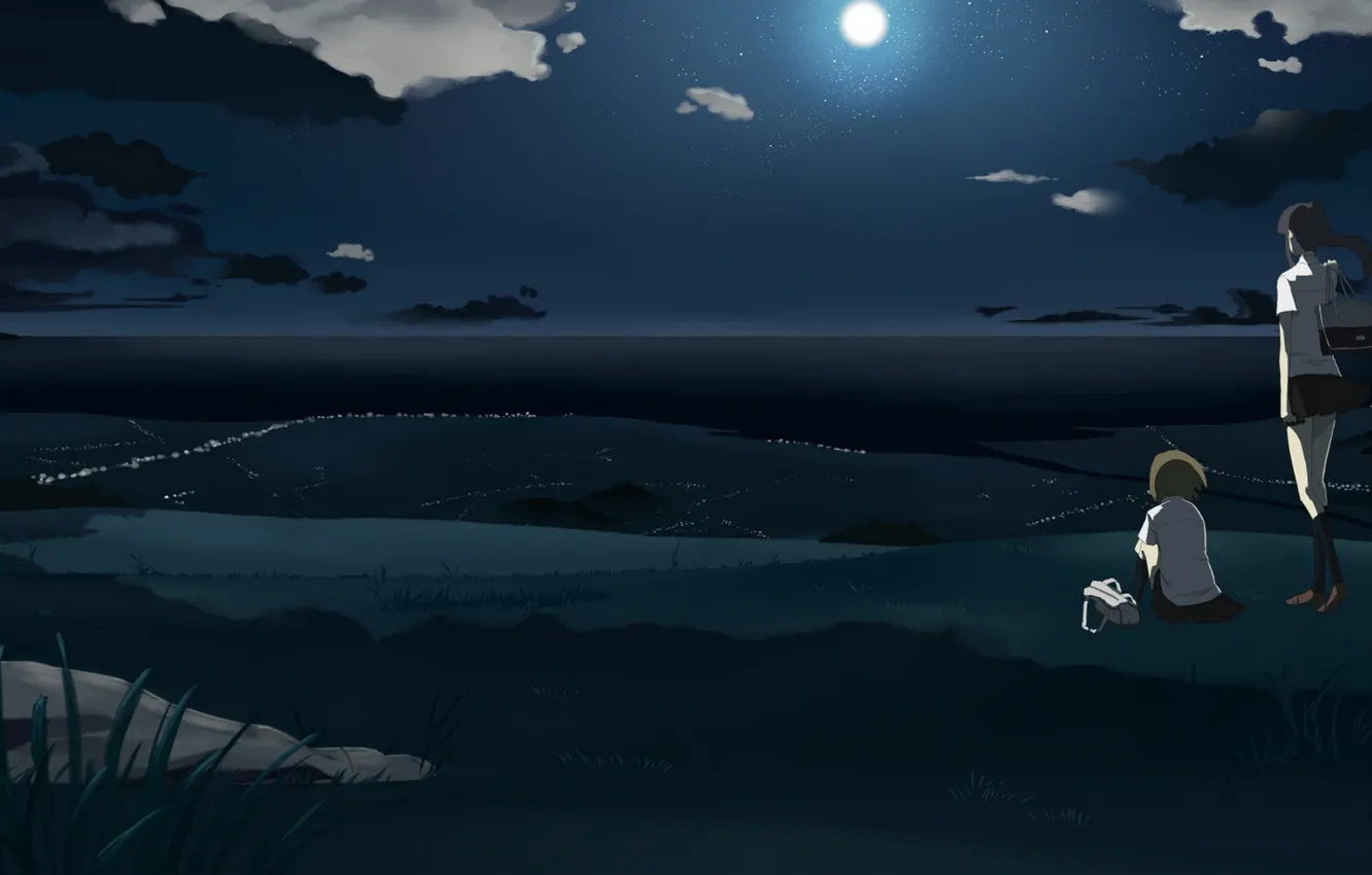 Photo wallpaper the sky, stars, clouds, night, the moon, two girls