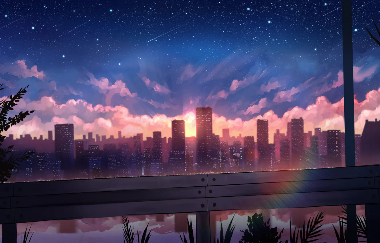 Photo wallpaper the sky, water, the sun, stars, sunset, the city