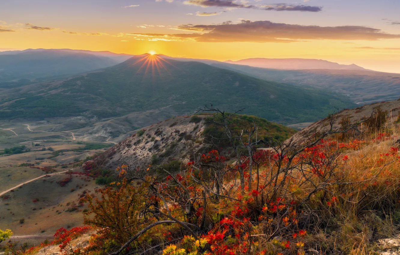 Photo wallpaper autumn, the sun, rays, landscape, mountains, nature, Yulia Shumlyaeva