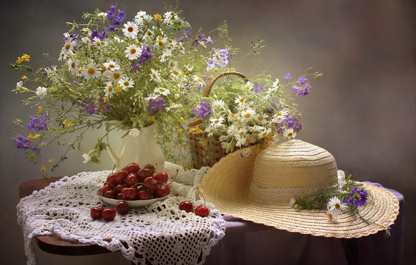 Photo wallpaper summer, cherry, chamomile, bouquet, hat, still life