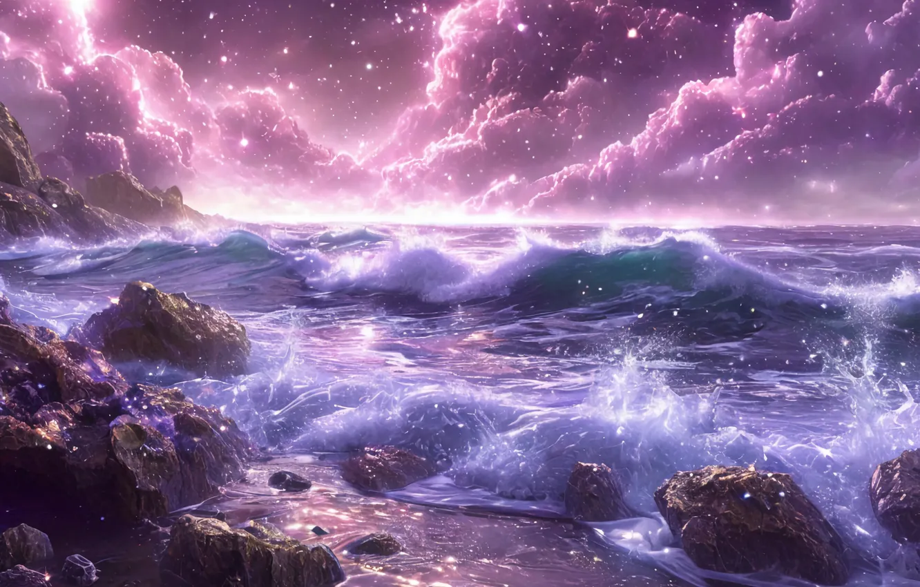 Photo wallpaper sea, pink, lilac, glitters