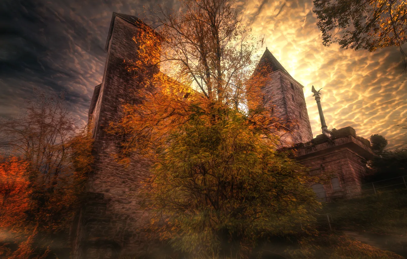 Photo wallpaper the sky, trees, castle, treatment, Mystic Castle