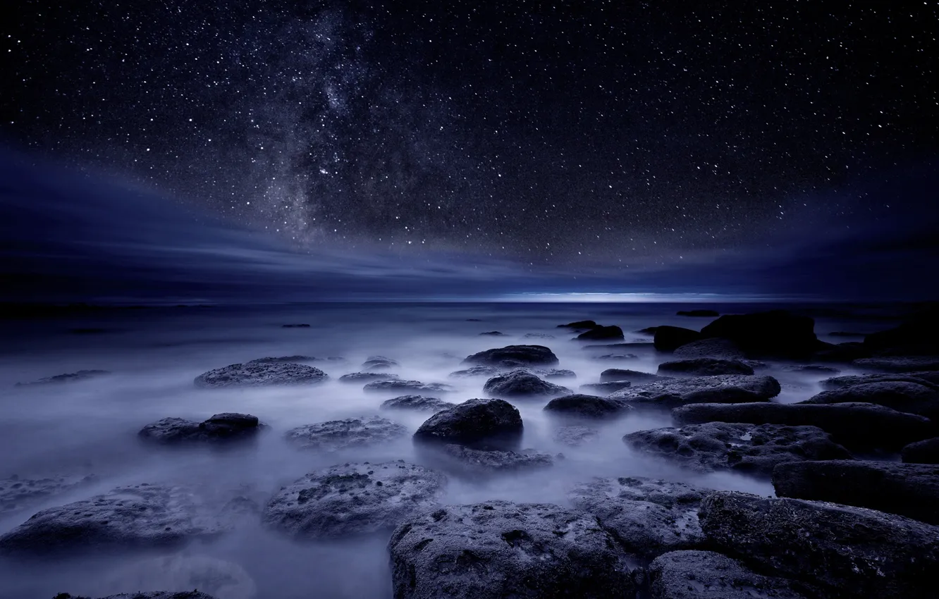 Photo wallpaper sea, the sky, stars, night, stones, shore