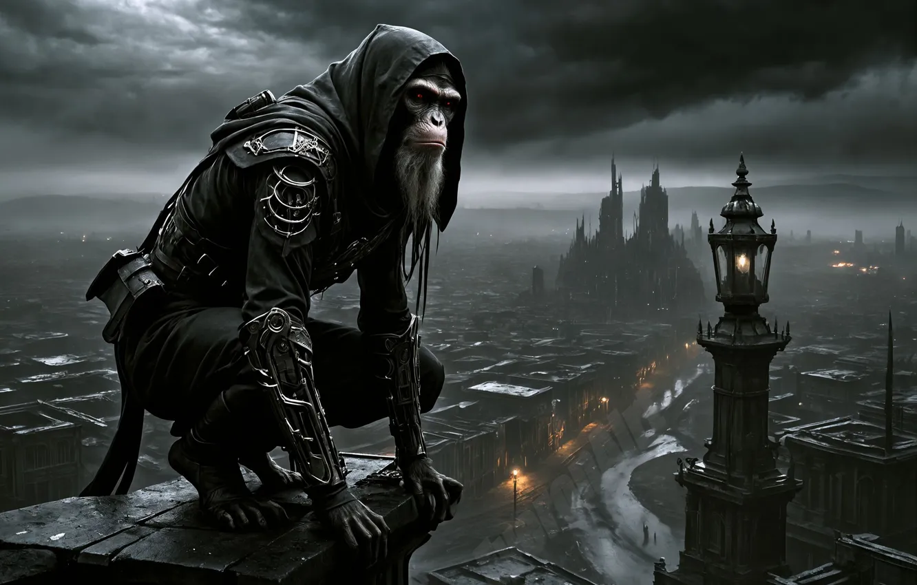 Photo wallpaper clouds, the city, monkey, cyborg, assassin, the primacy of