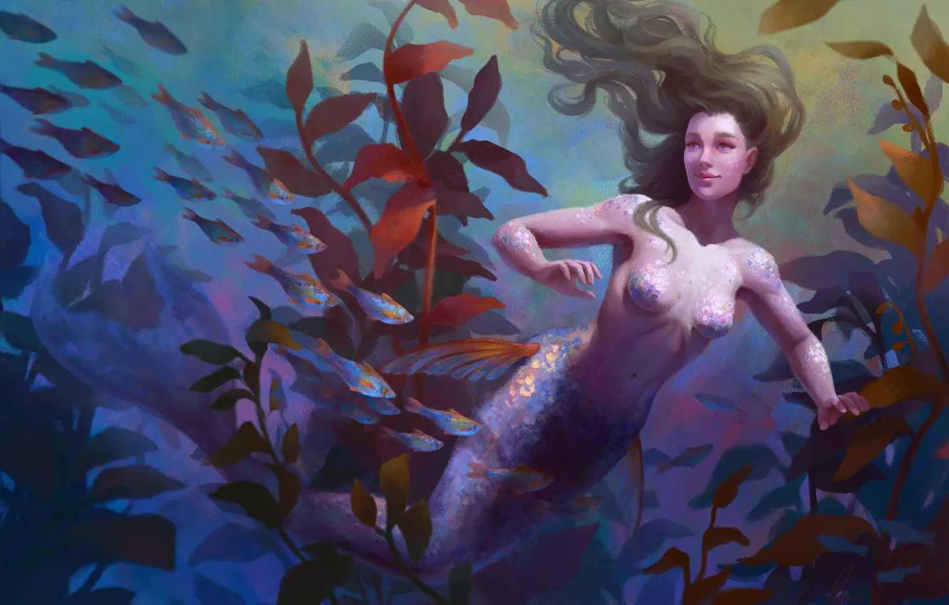 Photo wallpaper Water, Fish, Mermaid, Hair, Underwater world, Tail, Algae