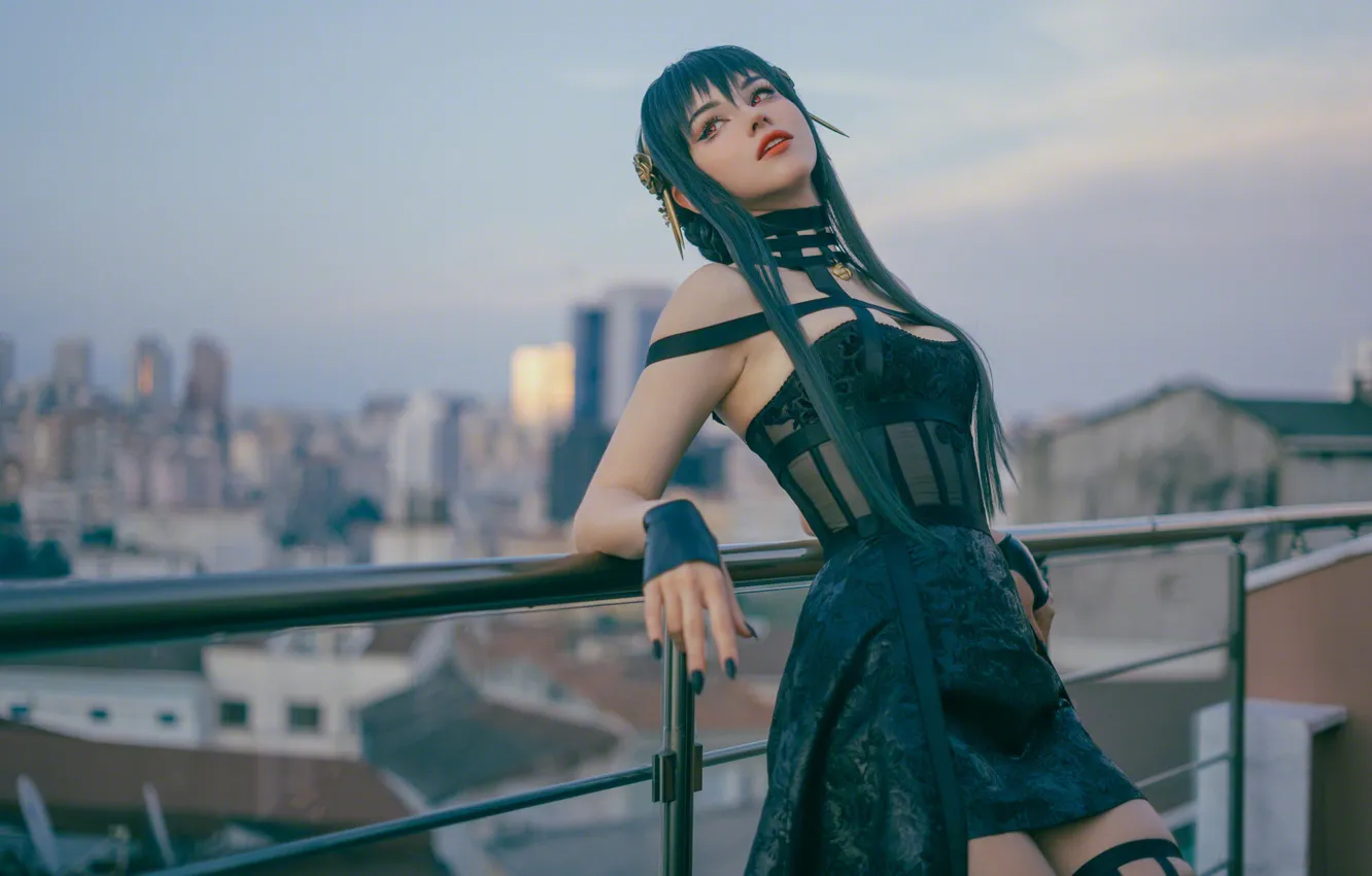 Photo wallpaper women, cosplay, hands, black hair, black dress, leaned back, Shirogane Sama, Yor Forger