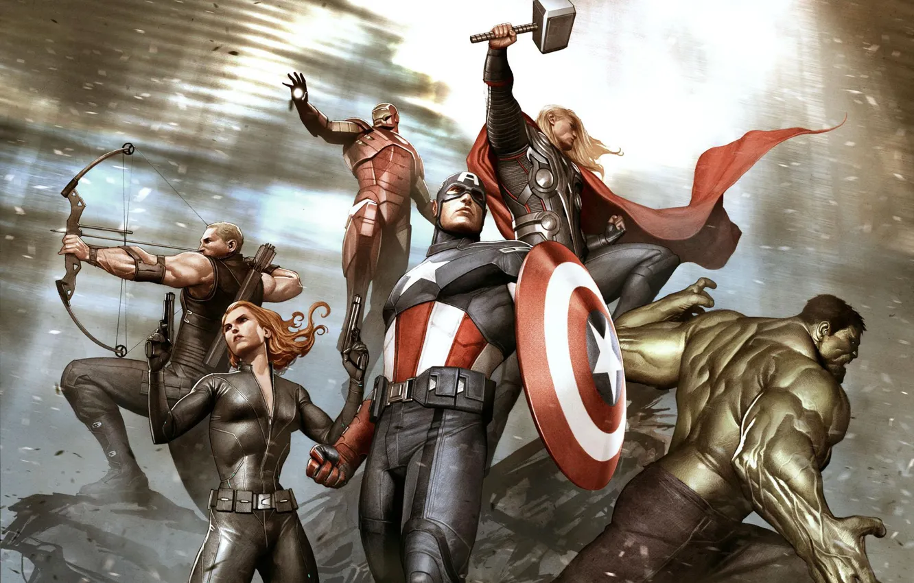Photo wallpaper Hulk, Iron Man, Marvel, Captain America, Thor, concept art, Black Widow, hawkeye