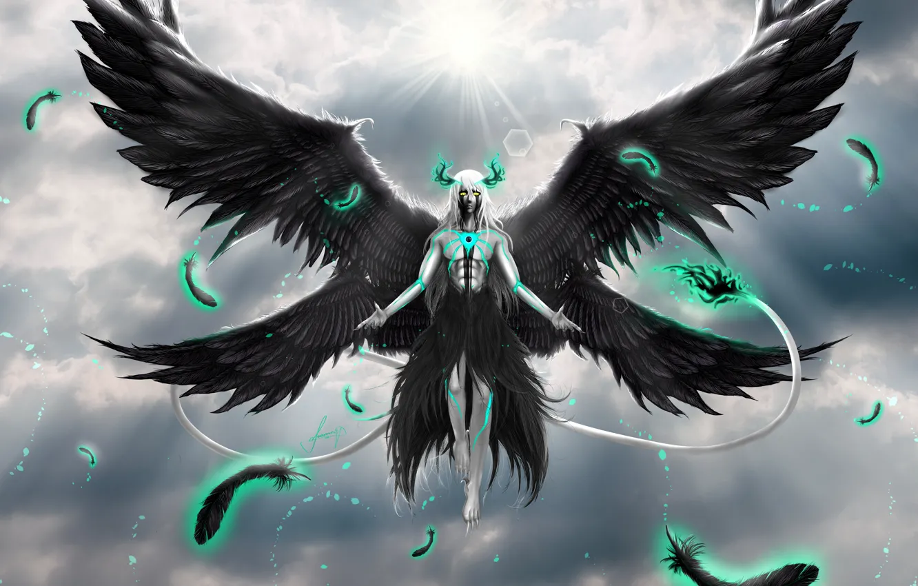 Photo wallpaper the sun, clouds, wings, anime, feathers, tail, anime, Ulquiorra Cifer