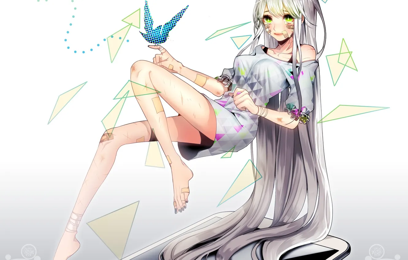 Photo wallpaper girl, anime, art, scratches, phone, bird, bow, the patch