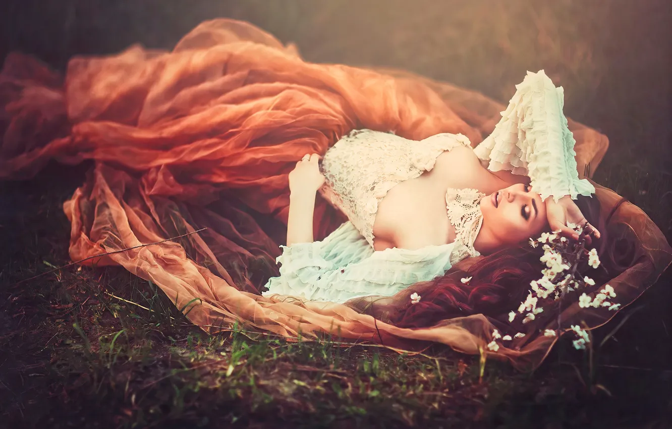 Photo wallpaper chest, grass, girl, light, flowers, branches, face, pose