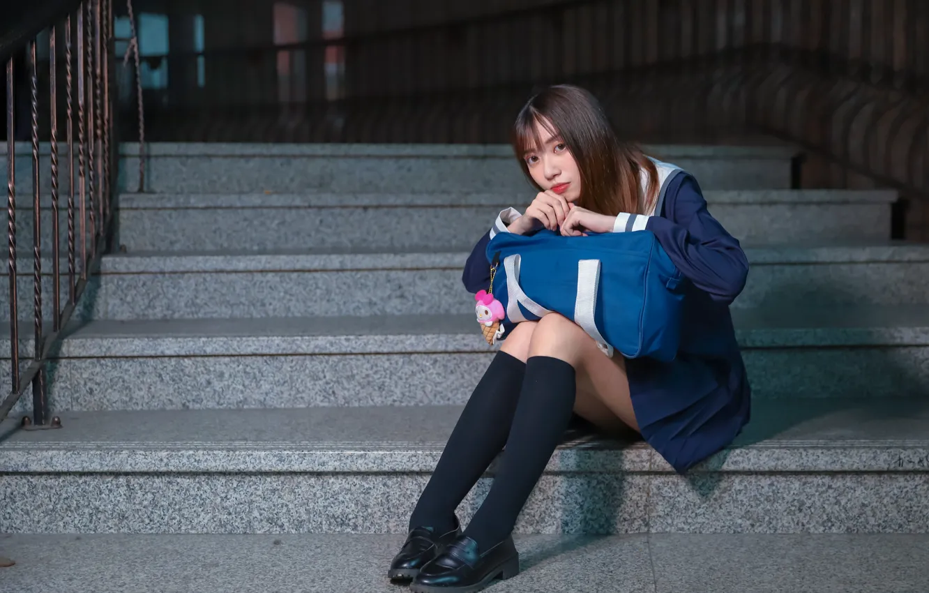 Photo wallpaper look, girl, steps, form, schoolgirl, bag, Asian