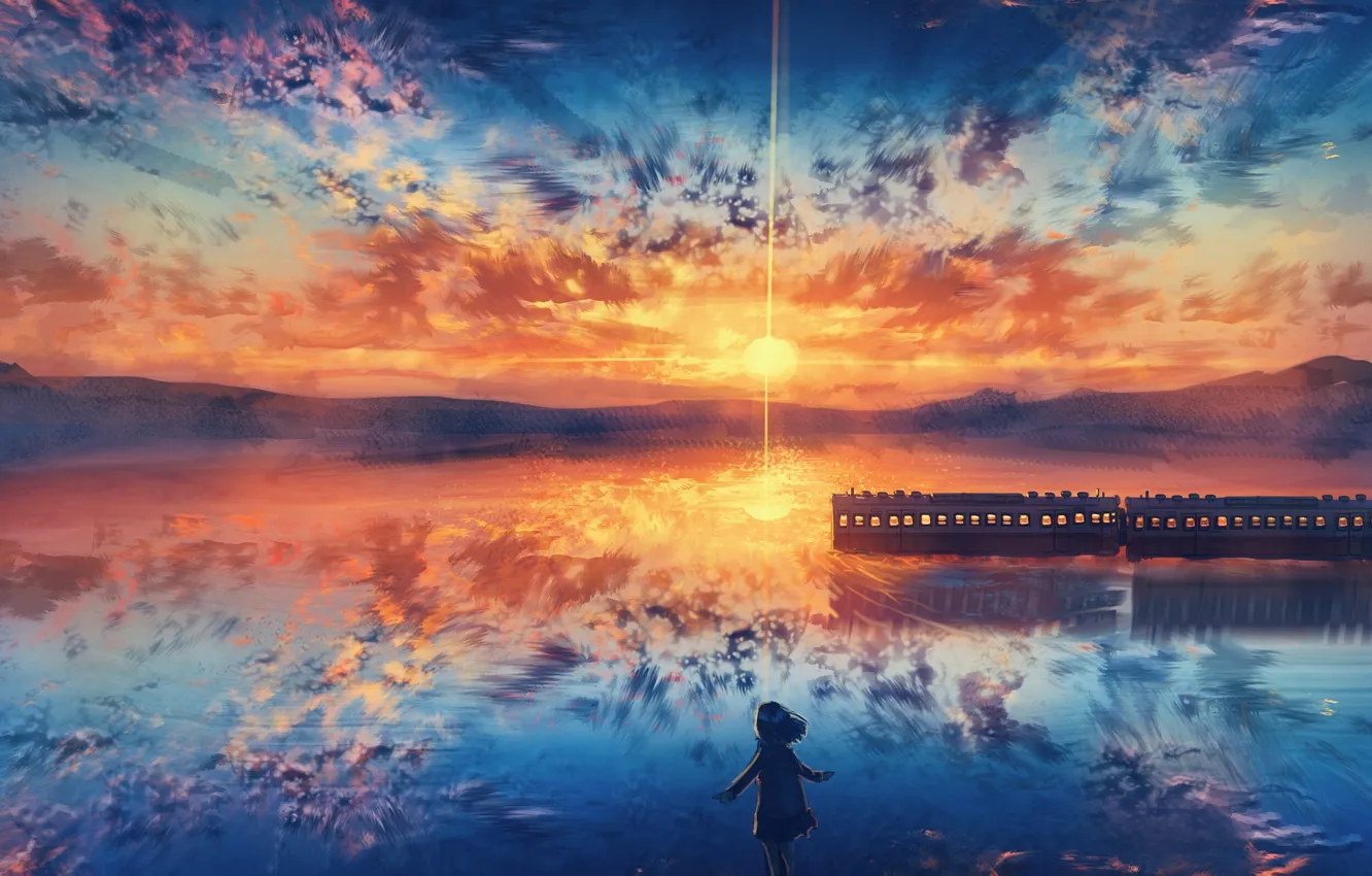 Photo wallpaper the sky, water, girl, sunset, train