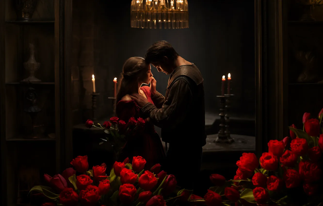 Photo wallpaper girl, love, flowers, red, room, romance, roses, bouquet