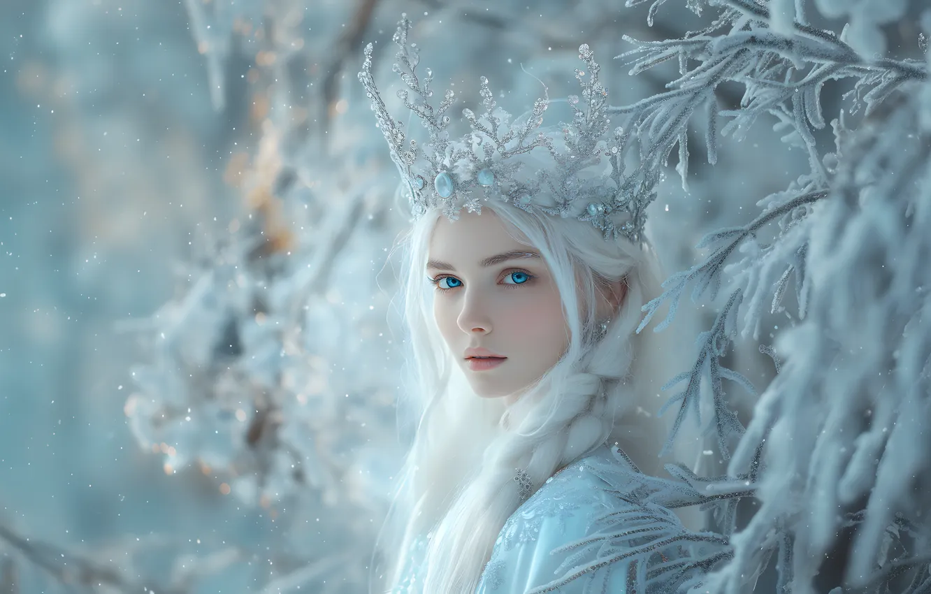 Photo wallpaper winter, frost, forest, look, girl, snow, branches, nature