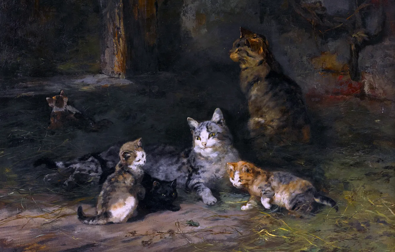 Photo wallpaper Cats, Kittens, Picture, German animal painter, An unusual guest, Joseph Schmitzberger, Josef Schmitzberger