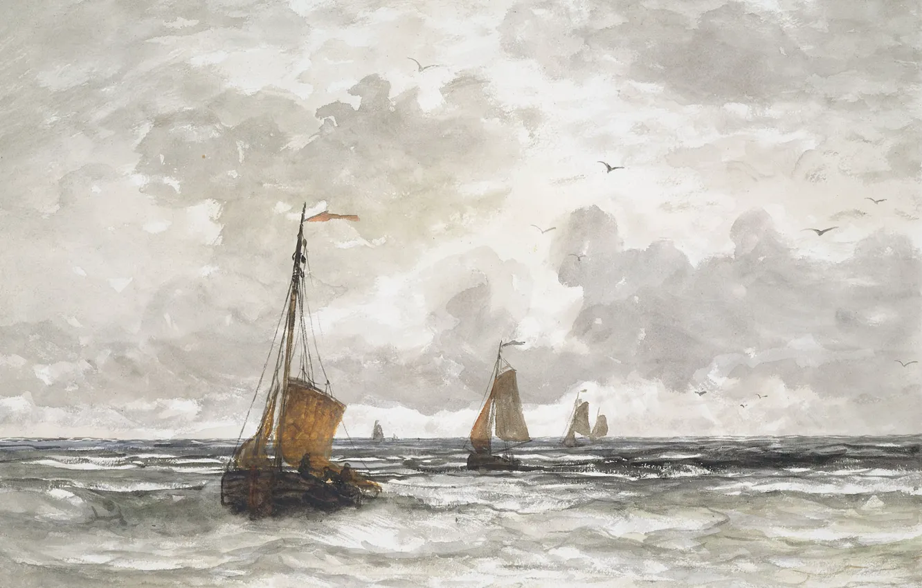 Photo wallpaper sea, boat, figure, ship, watercolor, sail, Fishing Boats in the Sea, Hendrik Willem Mesdag