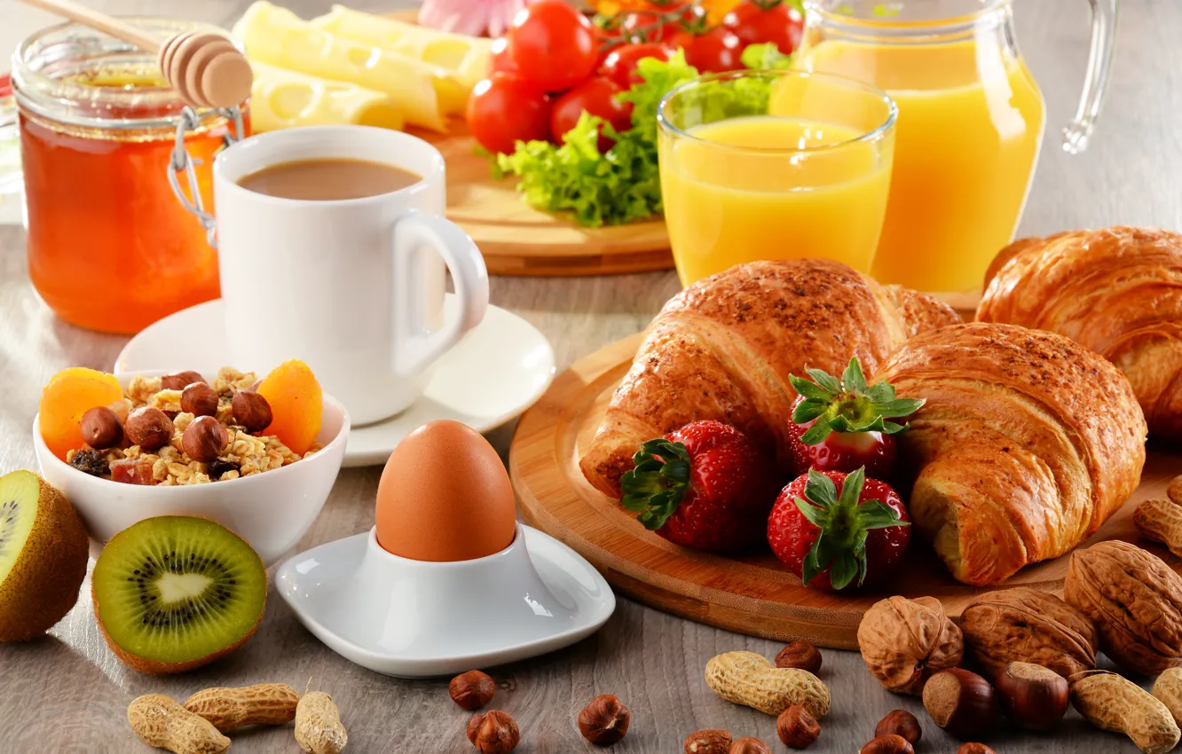Photo wallpaper berries, coffee, eggs, strawberry, Goodies, croissant, cuts