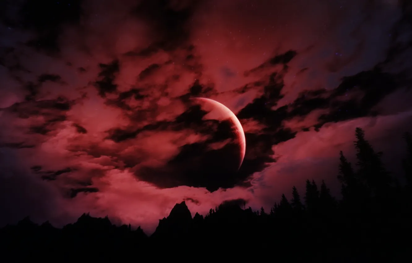 Photo wallpaper Moon, Red, Sky, Landscape, Skyrim, Game, The Elder Scrolls V